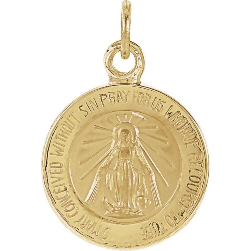14k Yellow Gold Round Miraculous Medal Charm or Pendant, 12mm